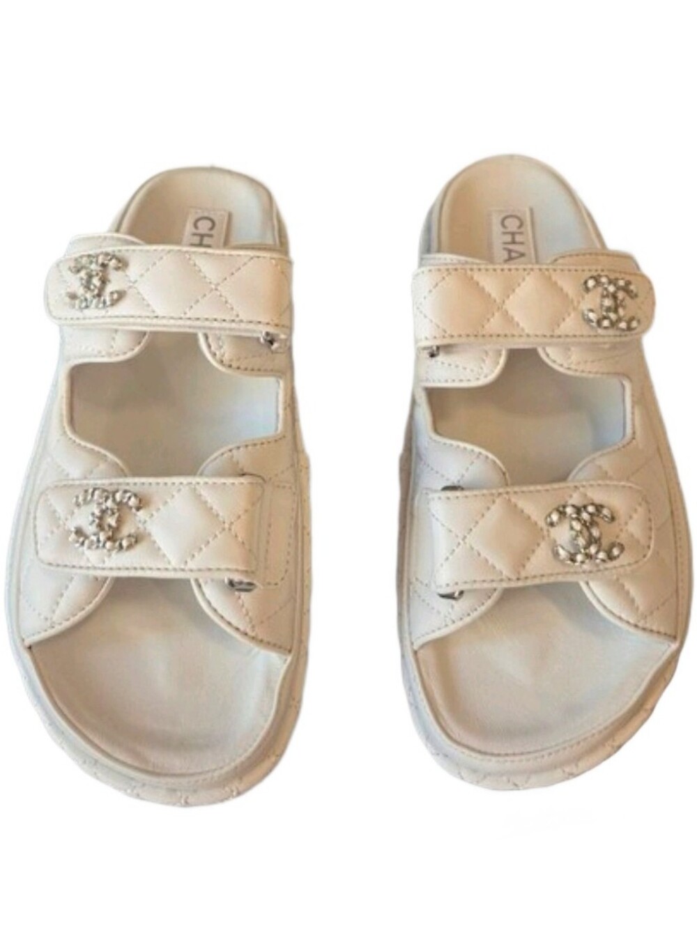 CC White Leather Dad Sandals with Silver Hardware 37 7-7.5
